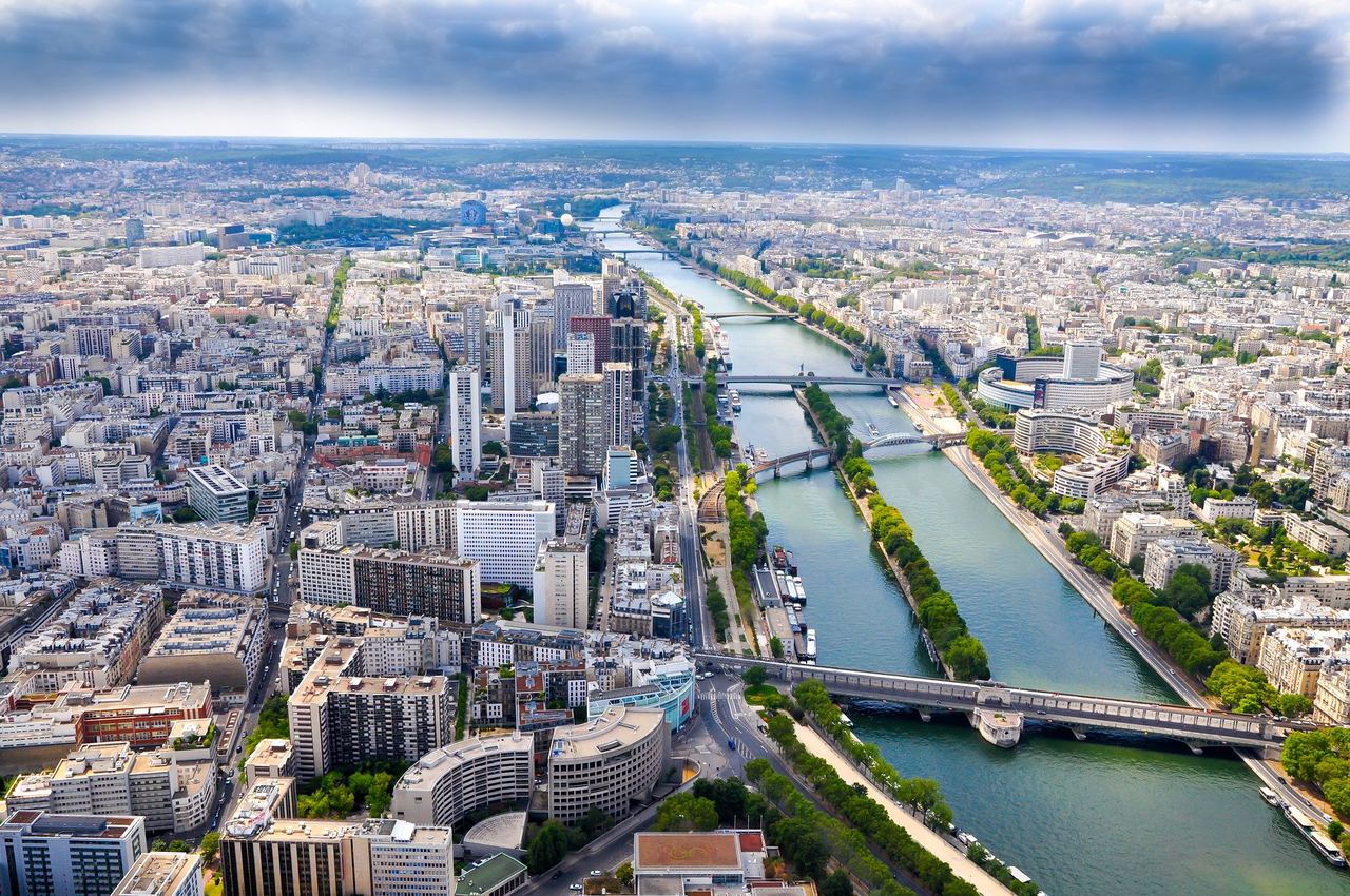Aerial view of the River Seine and its bridges in Paris