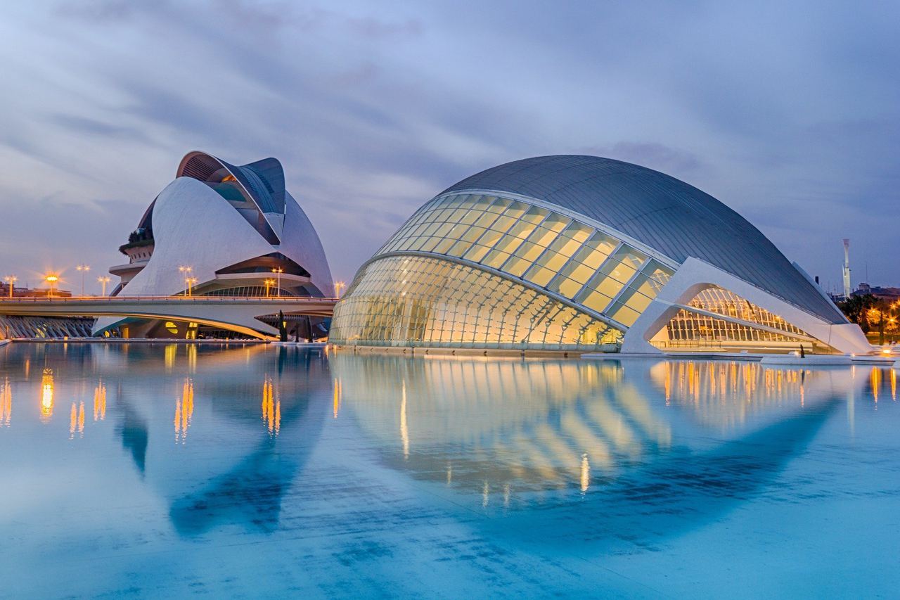 The City of Arts and Sciences in Valencia, reflected in still water
