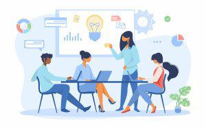 Illustration of a team collaborating around a table with laptops, charts and a whiteboard