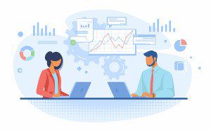 Illustration of two colleagues at laptops sharing charts and data