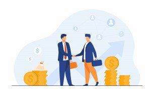 Illustration of two business people shaking hands beside stacks of coins and a rising arrow